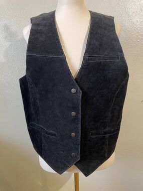 Vtg Don’t Stop Black Suede Leather Vest Western Biker Unisex Snap Front Cowboy